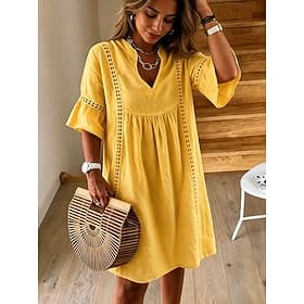 Robe femme 100% coton longueur genou, robe décontractée en dentelle, robe de plage décontractée, coupe classique, couleur unie, manches courtes, col en V