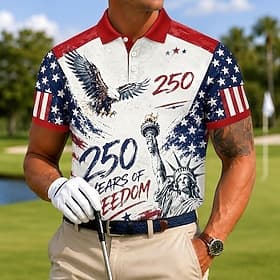 4th of July 2026 250th Men's American US Flag Golf Sports Polo Shirts Short Sleeve Polo Shirts Collared Shirts Casual Athleisure 3D Print Buttons Breathable Me