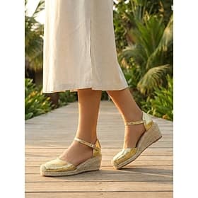 Women's Metallic Gold Espadrille Wedge Sandals - Shiny Leather Ankle Strap Platform Summer Shoes for Outdoor Vacation, Resort Cruise