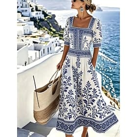 Femmes Robe Midi Robe Décontractée Robe trapèze Élégant Vacances Plage Fête Coupe régulière Fleuri Graphique Manche Courte Col carré Bleu Blanche Gris Été Prin