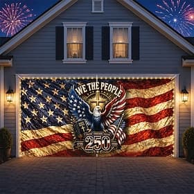 Décoration de porte de garage pour le 250e anniversaire des États-Unis, avec guirlande lumineuse, fond photo d'aigle pour le 4 juillet, bannière USA 1776-2026