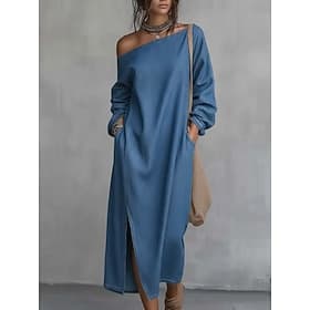 Femmes Robe Midi Robe fourreau Robe d'Été Robe d'été Vacances Occasionnel Boho Quotidien Fête Date Coupe Ample Uni manche longue Épaules Dénudées Bleu Printemp