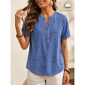 T-shirt Henley vintage pour femme Softfade™ 100 % coton - Hauts basiques à manches courtes, doux et lavés