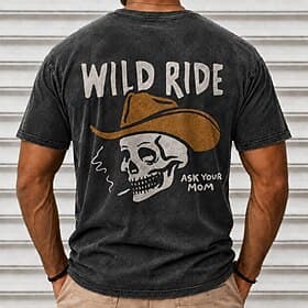 T-shirt homme «Wild Ride Ask Your Mom Cowboy Skull», 100% coton, délavage à l'acide, manches courtes, col rond, imprimé textile, collection mode du quotidie