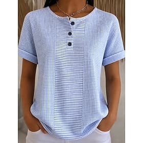 Women's Waffle T Shirt Print Chest Buttons Graphic Geometric Plaid Stylish Classic Modern Short Sleeve Henley Long Tops Daily Blue Yellow Pink Red Light Purple