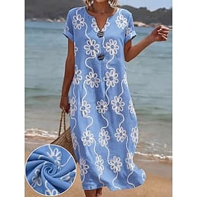 Women's Embroidered Dress Midi Dress Floral Dress Summer Dress Basic Classic Daily Vacation Regular Fit Floral Short Sleeve V Neck Blue White Summer Spring