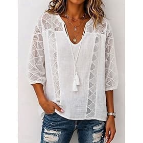Femmes Hauts en dentelle Dentelle Couleur Unie Élégant Manche 3/4 Col en V Col en U Hauts Longs Occasionnel Quotidien Noir Blanche Jaune Bleu Ciel Printemps