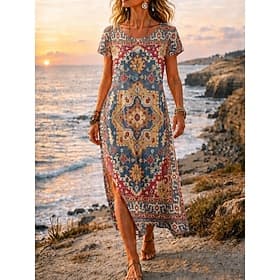 Femmes Robe Midi Robe trapèze Occasionnel Plage Coupe régulière Graphique Géométrique Manche Courte Col ras du cou Bleu Orange Été Printemps
