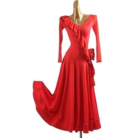Robe de bal rouge pour femme - robe de scène à manches longues, col en V et volants, idéale pour la valse, le tango et le flamenco - tenue de danse swing éléga