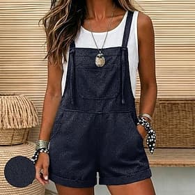 Combinaison en jean vintage pour femme, sans manches, à poches plaquées et à nouer sur le devant, couleur unie