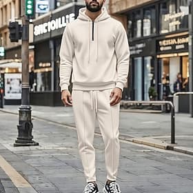 Homme Ensemble Survetement Tenue de Jogging Combinaisons d'entraînement Cordon de serrage avec poche Couleur Unie Ensemble Vêtements Printemps Automne Blanche