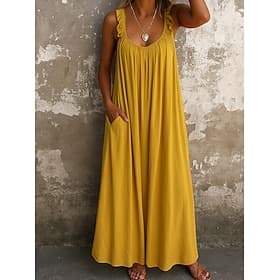 Femmes Robe maxi Robe Décontractée Robe gilet Robe trapèze Robe d'été Basique Classique Quotidien Vacances Coupe Ample Uni Sans manches Col en U Noir Jaune Ora
