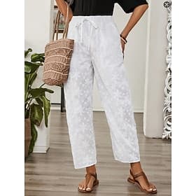 Women's Casual Pants Summer Pants Cropped Pants Vacation Basic Casual Ankle-Length High Waist Plain Embroidered Pocket Elastic Waistband Comfy Comfort Soft Ine