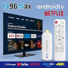 Clé TV Android H96 Max 4K, lecteur multimédia en streaming avec télécommande vocale Google Assistant, compatible avec Netflix, YouTube, Prime Video, Google Pla