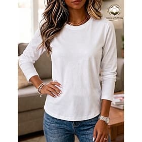 Femmes T-shirt Chemise en coton Couleur Unie Mode Élégant Basique Manche Courte Col ras du cou Hauts Longs Occasionnel Quotidien Sortir Bleu Kaki Noir Blanche