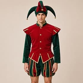 Set Rétro Vintage Médiéval Renaissance Manteau Pantalon Chapeau Manches longues Joker Déguisement Homme Fantaisie Noël Halloween Carnaval Soirée Foire de la Re
