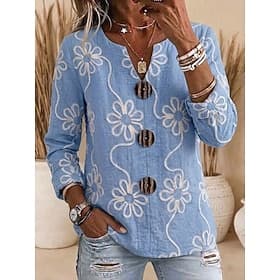 Femmes Chemisier Chemises brodées Fleuri Élégant manche longue Col en V Hauts Réguliers Occasionnel Bleu Blanche Été Printemps