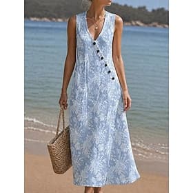 Femmes Robe Midi Robe trapèze Élégant Bohème Plage Fête Coupe régulière Fleuri Graphique Sans manches Col en V Bleu clair Été Printemps