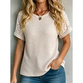 Women's T Shirt Eyelet Plain Fashion Stylish Classic Short Sleeve Crew Neck Regular Tops Casual Daily Weekend Blue Pink Orange Beige Summer Spring