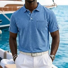 Homme Polo Chemise 100% coton délavée à l'acide Occasionnel Vacances Revers Manche Courte Mode Basique Uni Texturé Boutons Vintage Été Printemps Coupe régulièr