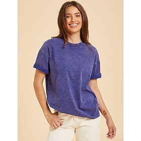 Femmes 100% Coton T-shirt Chemise en coton Hauts effet délavé vintage Uni ancien Mode Élégant Manche Courte Col rond Hauts Longs Quotidien Sortir Week-end Bleu