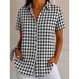 Femmes Chemise Graphique Géométrique Plaid ancien Élégant Moderne Manche Courte Col de chemise Hauts Réguliers Occasionnel Quotidien Bleu Noir Jaune Été Printe