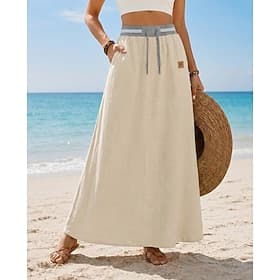 Femmes Mélange de lin Basique Occasionnel Maxi Taille haute Jupes Cordon de serrage Non Elastique Bleu marine Kaki Noir Bleu Ciel Été