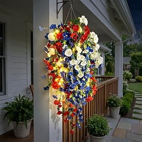 Patriotic Artificial Hanging Vine Flowers with Solar LED String Lights for Outdoor, 6 Pcs Red White Blue Morning Glory Fake Plants UV Resistant 250th Anniversa