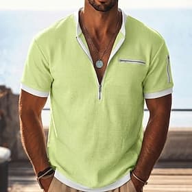 Homme Tee-shirt Gaufre T-shirt Manche Courte Arrêtez-vous Zip quart Été Couleur Unie Mode Designer Confortable Poche à Fermeture Éclair Faux deux pièces Occasi