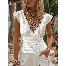 Women's Blouse Tee Top Pleated Embroidered Plain Vintage Stylish Short Sleeve V Neck Regular Tops Casual Beach Summer White Summer Spring