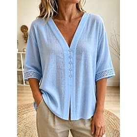 Femmes Chemisier Dentelle Boutons Uni Élégant Occasionnel Manche 3/4 Col en V Hauts Réguliers Occasionnel Quotidien Bleu Blanche Rose Claire Été Printemps