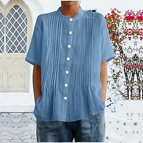 Femmes Chemisier Couleur Unie ancien Élégant Basique Manche Courte Col montant Hauts Réguliers Occasionnel Quotidien Bleu Blanche Violet Abricot Été Printemps