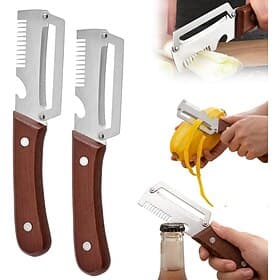 Ensemble de 2 éplucheurs de légumes multifonctionnels avec manche en bois, éplucheur à julienne en acier inoxydable et ouvre-bouteille pour la cuisine, idéal p