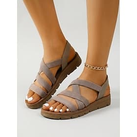 Sandales kaki confortables à bride élastique pour femmes – sandales de marche légères et rembourrées avec semelle intérieure douce, brides croisées extensibles