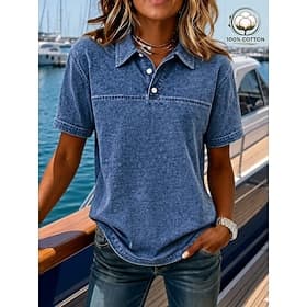 Femmes Chemise Henley Lavage à l'acide Lavage vintage Couleur Unie ancien Mode Élégant Manche Courte Col de chemise Hauts Longs Occasionnel Plage Bleu Violet V