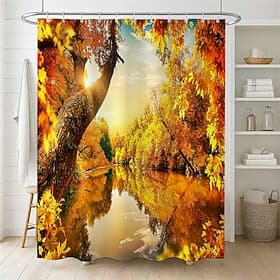 Rideau de douche imprimé de feuilles de forêt jaune soleil d'automne, décoration de salle de bain en tissu de style artistique avec 12 crochets en plastique, l