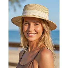 Chapeau canotier en paille à calotte plate pour femme, orné de perles, disponible en plusieurs couleurs, élégant chapeau de plage à larges bords idéal pour les