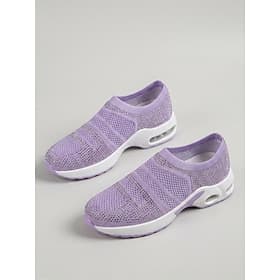 Women's Purple Rhinestone Knit Slip-On Walking Sneakers – Breathable Air Cushion Sport Shoes with Lightweight Shock Absorbing Sole for Travel, Fitness and Ever