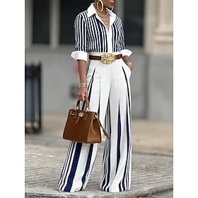 Femmes Chemise Ensembles de Pantalons manche longue Col de chemise Graphique Rayé Élégant Mode Occasionnel Quotidien Bleu Marron foncé Noir Été Coupe régulière
