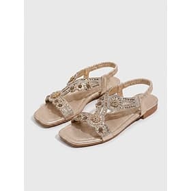 Women's Boho Rhinestone T-Strap Flat Sandals - Metallic Gold Crystal Jeweled Shoes for Summer Poolside Party, Beach Club Resort