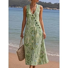 Femmes Robe maxi Robe trapèze Élégant Bohème Plage Fête Coupe régulière Fleuri Graphique Sans manches Col en V Vert Été Printemps