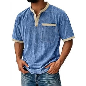 Homme Chemise Henley Chemise 100% coton délavée à l'acide Manche Courte Henley Printemps Été Été Printemps Rétro Vintage Occasionnel Le style rétro Bloc de Co
