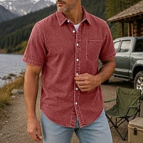 Chemise homme Softfade™ décontractée, chemise en jean, chemise délavée à l'acide, teinte en pièce, noir, vert clair, bordeaux, bleu marine, violet, manches cou