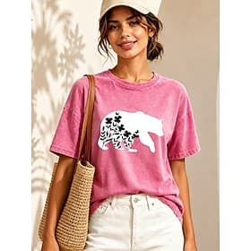 Femmes 100% Coton T-shirt Hauts effet délavé vintage Imprimé Graphique Animal ancien Mode Élégant Manche Courte Col ras du cou Hauts Réguliers Occasionnel Quot