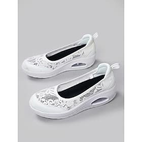 Women's White Breathable Floral Lace Walking Sneakers – Lightweight Slip-On Air Cushion Comfort Shoes with Shock Absorbing Support for Daily Walking, Travel, S