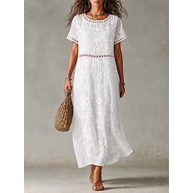 Femmes Robe maxi Robe en Dentelle Robe Blanche Robe d'été Élégant Mode Plage Vacances Fête Coupe régulière Fleuri Manche Courte Col ras du cou Blanche Été Prin