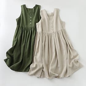Femmes Robe Midi 100% Lin ancien Quotidien Coupe Ample Uni Sans manches Col en V Bruyère Vert militaire Été Printemps