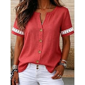 Femmes Chemises en coton et lin Texture Dentelle contrastée Dentelle ancien Manche Courte Col en V Hauts Réguliers Occasionnel Corail Rouge Bleu Denim Blanche
