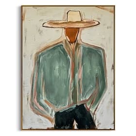 Peinture à l'huile minimaliste peinte à la main, portrait d'un cowboy de style western, vert sauge, sur toile, pour décorer un ranch ou un mur.