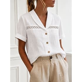Chemisier femme 100% coton uni, style vintage élégant et classique, manches courtes, col henry, coupe droite, idéal pour le quotidien, blanc, été et printemps